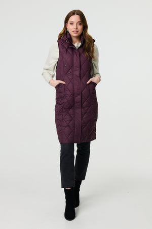 Red | Hooded Sleeveless Longline Puffer Gilet
