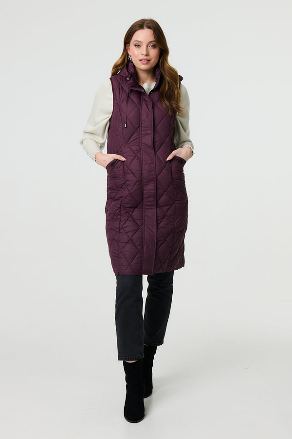 Red | Hooded Sleeveless Longline Puffer Gilet
