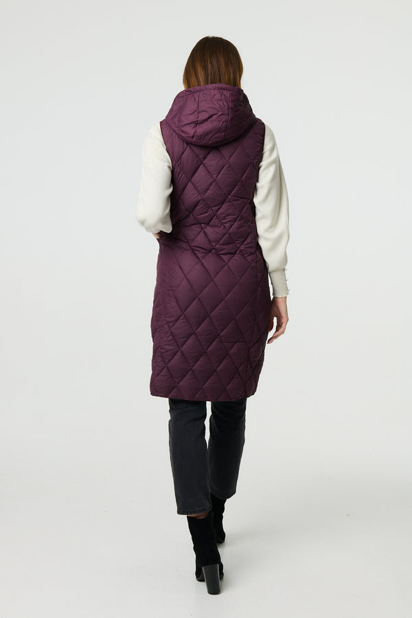 Red | Hooded Sleeveless Longline Puffer Gilet
