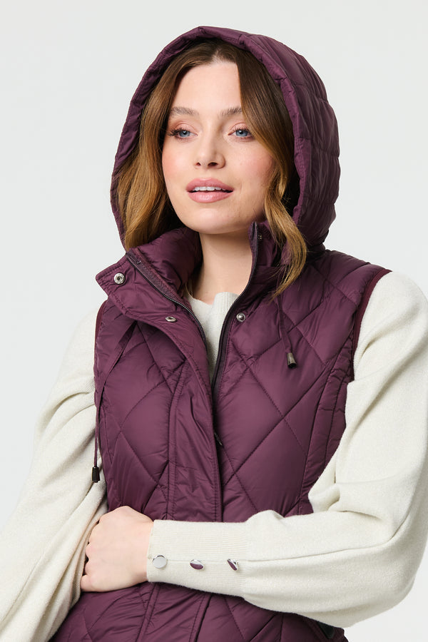 Red | Hooded Sleeveless Longline Puffer Gilet

