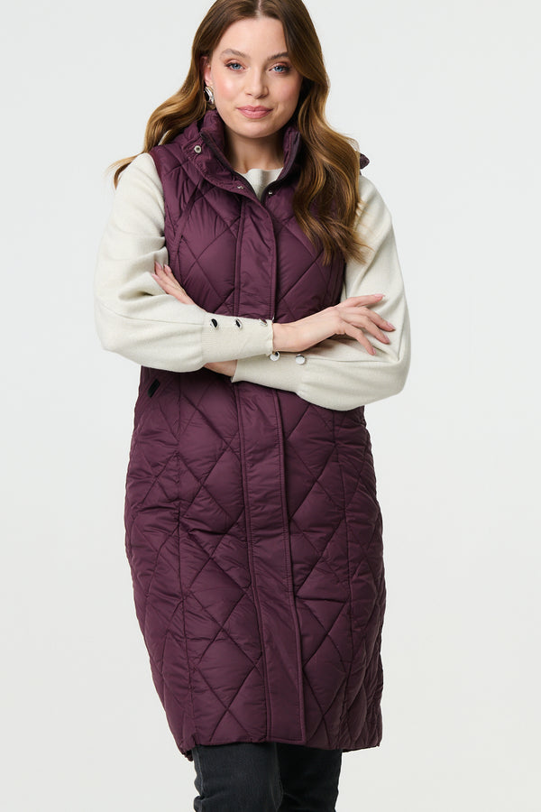 Red | Hooded Sleeveless Longline Puffer Gilet
