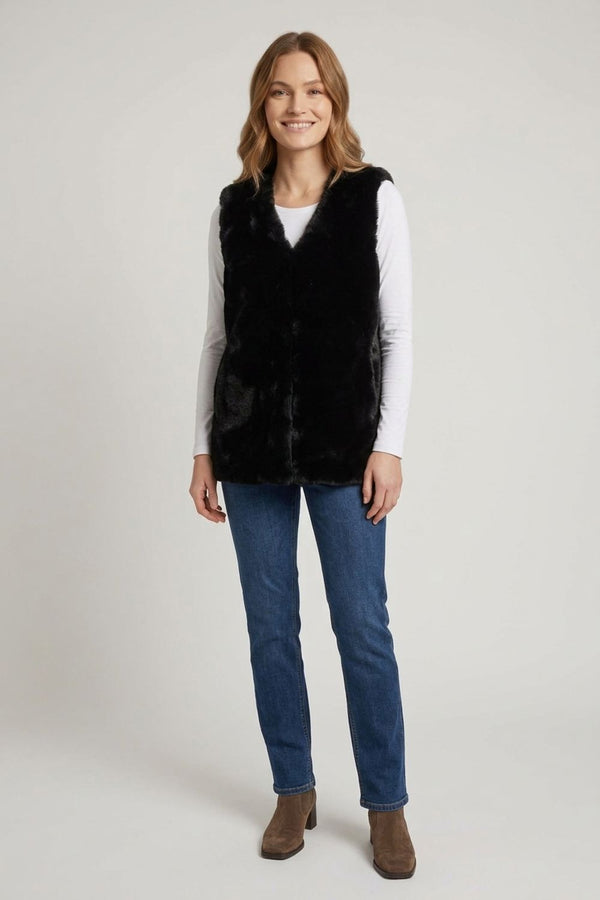 Black | Faux Fur Longline Open Front Gilet