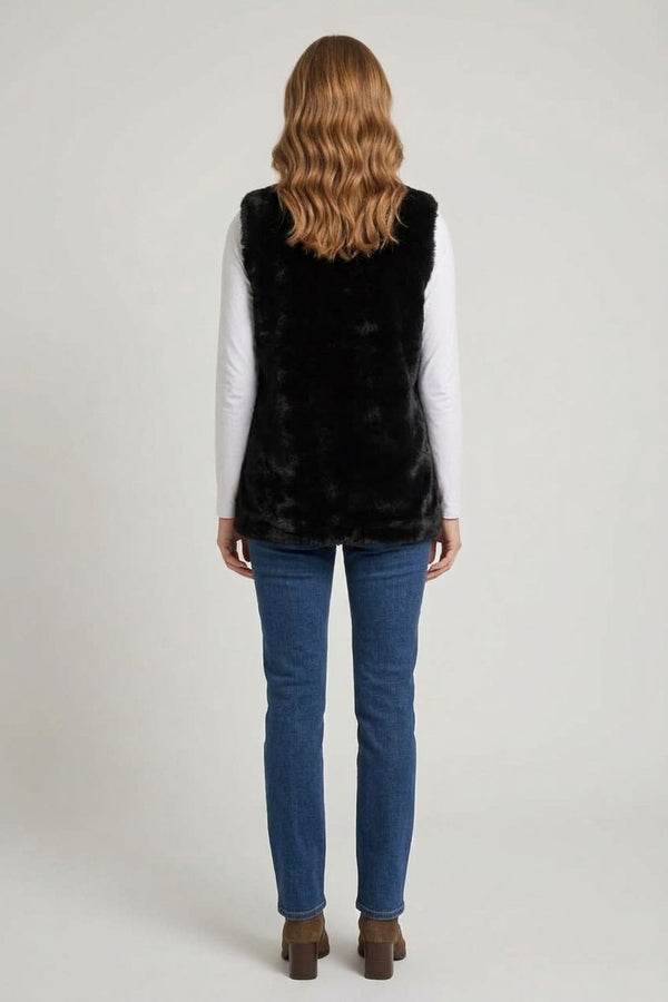 Black | Faux Fur Longline Open Front Gilet