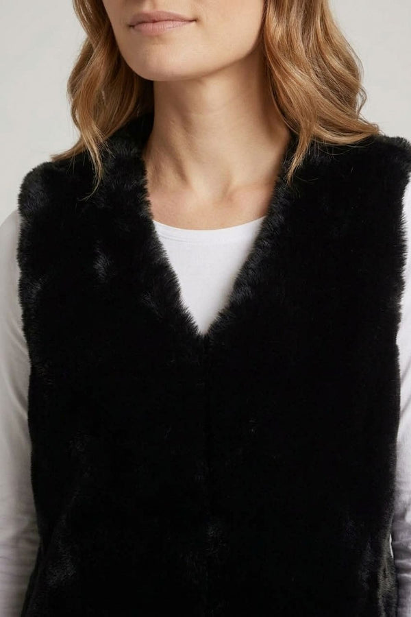 Black | Faux Fur Longline Open Front Gilet