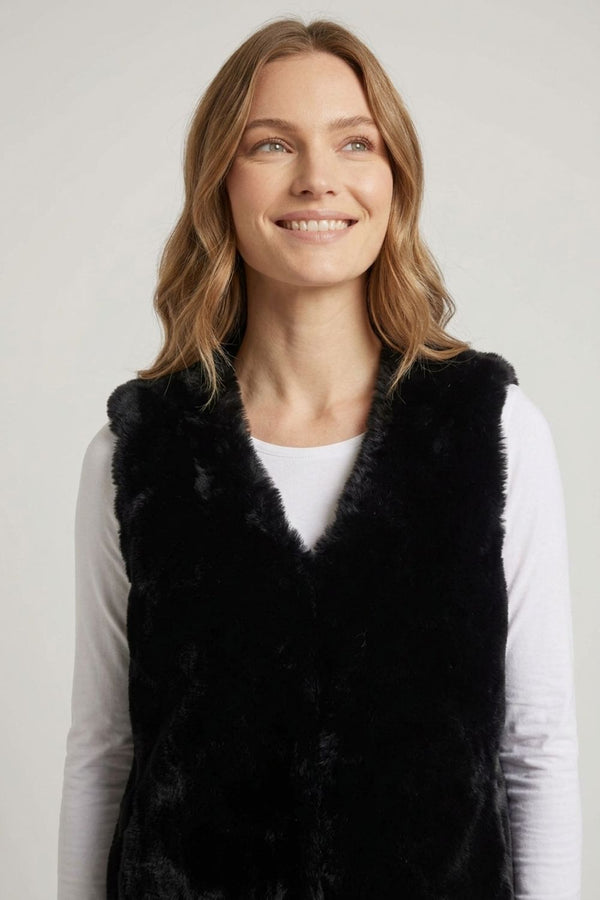 Black | Faux Fur Longline Open Front Gilet