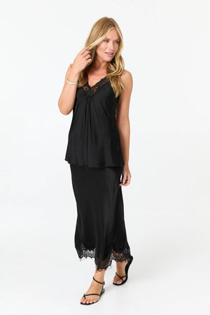 Black | Lace Trim Satin Texture Vest Top