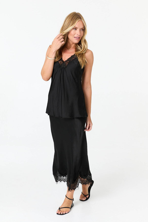 Black | Lace Trim Satin Texture Vest Top