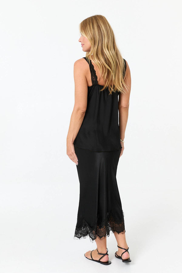 Black | Lace Trim Satin Texture Vest Top