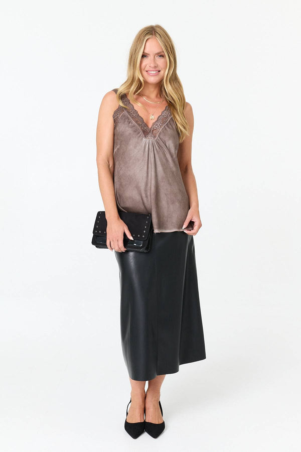 Brown | Lace Trim Satin Texture Vest Top