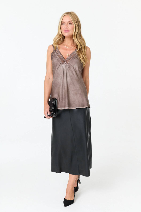 Brown | Lace Trim Satin Texture Vest Top