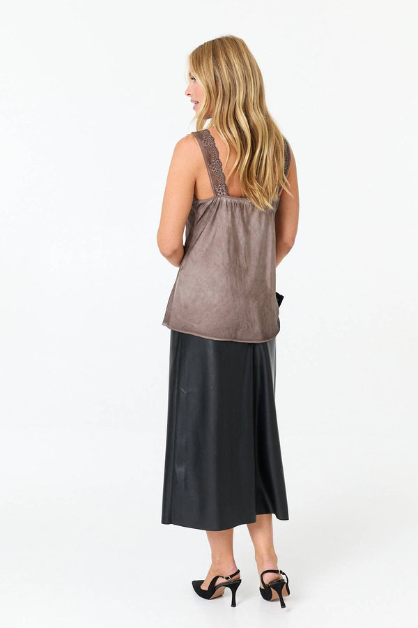 Brown | Lace Trim Satin Texture Vest Top