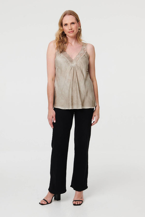 Taupe | Lace Trim Satin Texture Vest Top