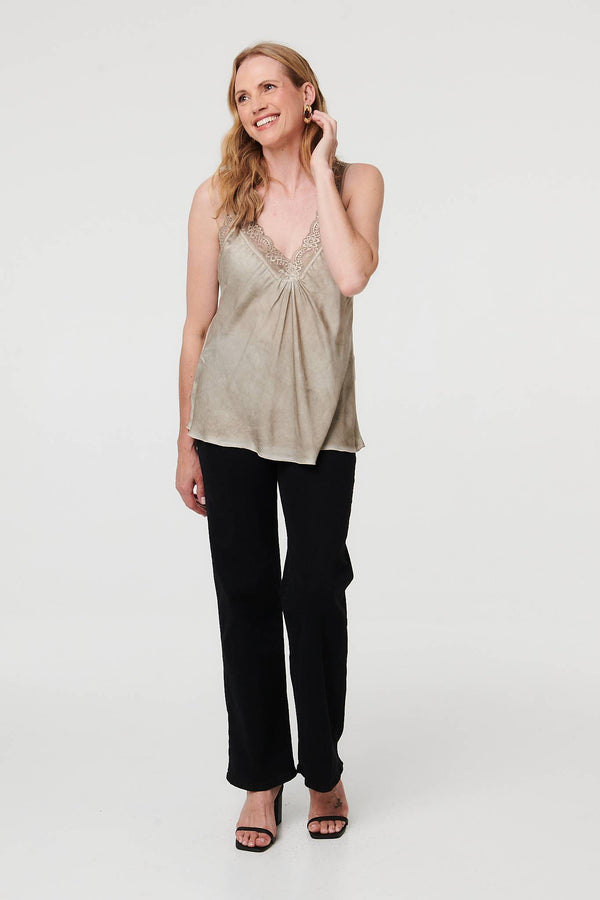 Taupe | Lace Trim Satin Texture Vest Top