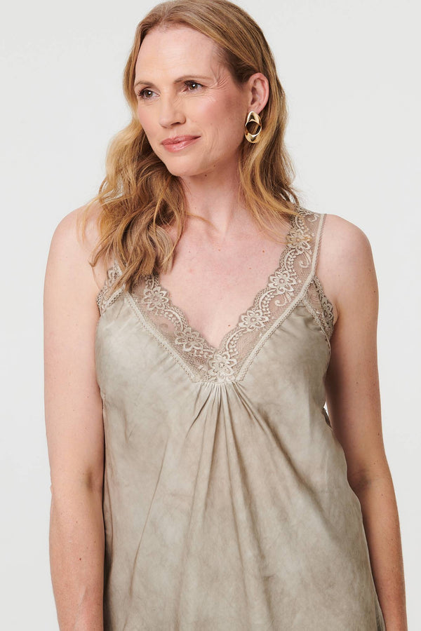 Taupe | Lace Trim Satin Texture Vest Top