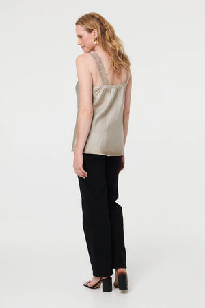 Taupe | Lace Trim Satin Texture Vest Top