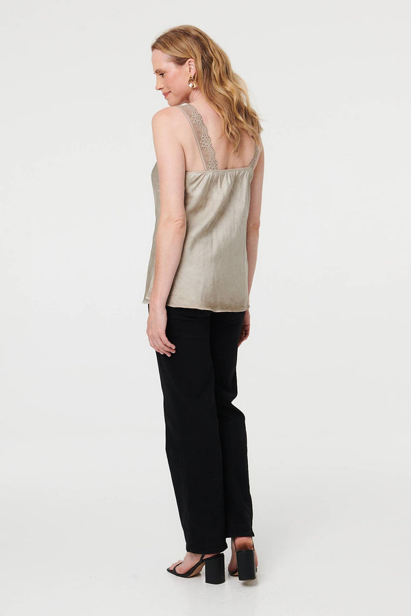 Taupe | Lace Trim Satin Texture Vest Top