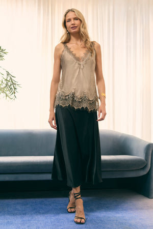 Taupe | Lace Trim Sleeveless Cami Vest Top : Model is 5'10