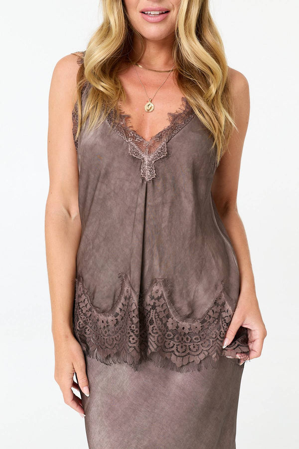Brown | Lace Trim Sleeveless Cami Vest Top