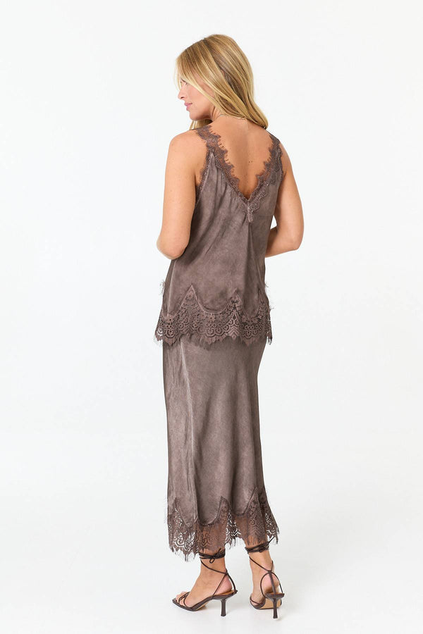 Brown | Lace Trim Sleeveless Cami Vest Top