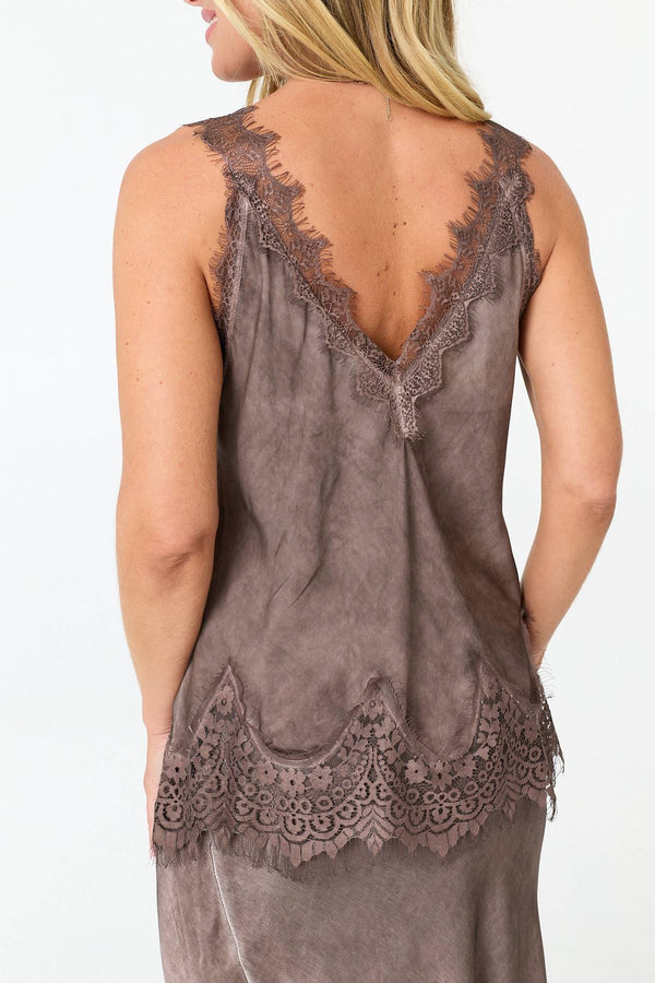 Brown | Lace Trim Sleeveless Cami Vest Top
