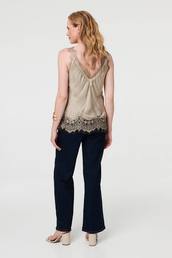 Taupe | Lace Trim Sleeveless Cami Vest Top