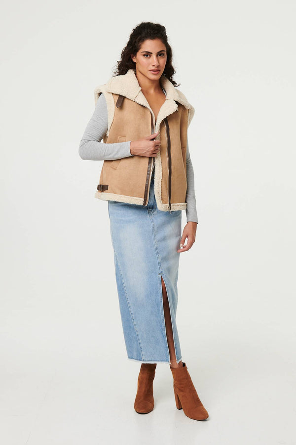 Beige | Faux Suede Fur Lined Sleeveless Gilet
