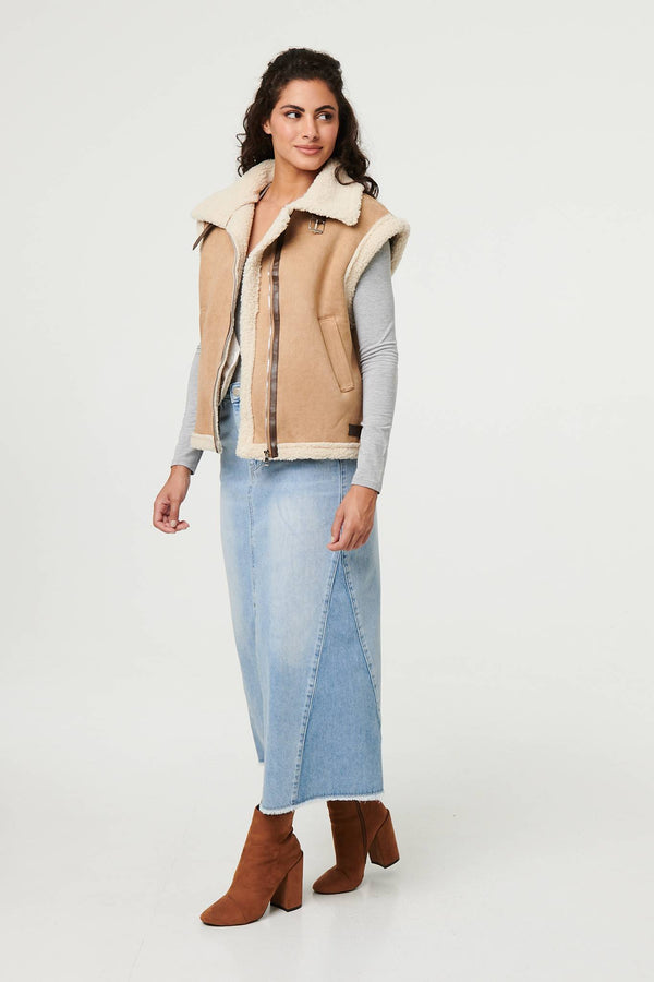 Beige | Faux Suede Fur Lined Sleeveless Gilet
