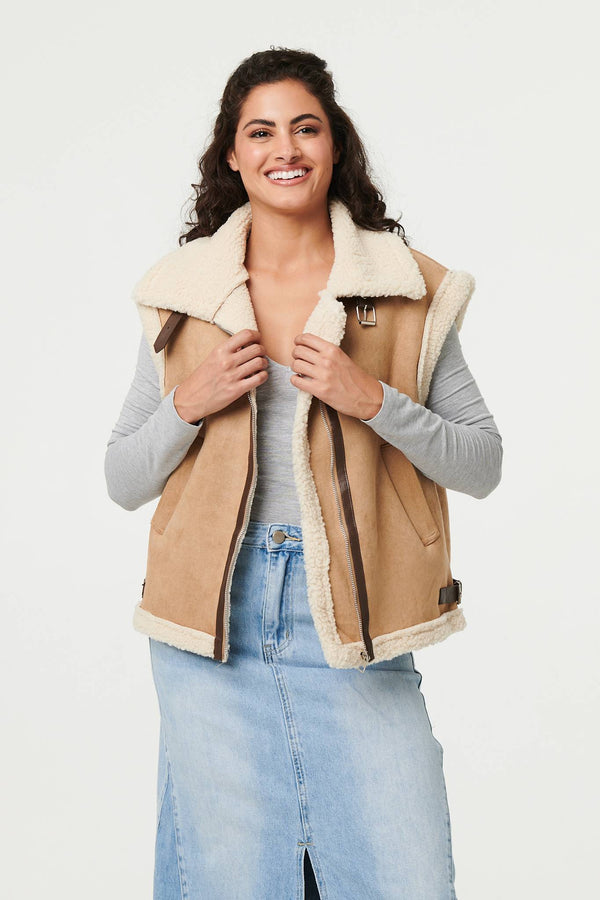 Beige | Faux Suede Fur Lined Sleeveless Gilet
