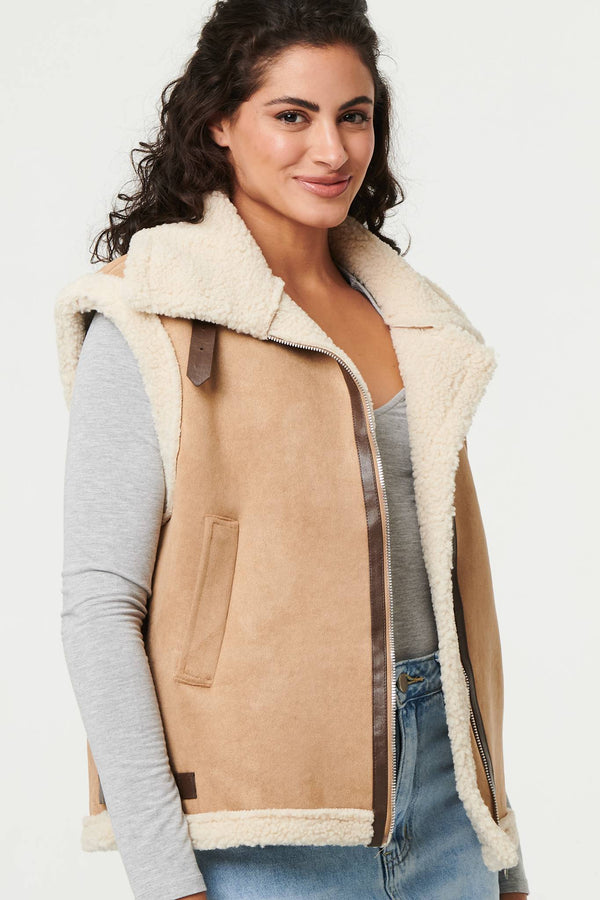 Beige | Faux Suede Fur Lined Sleeveless Gilet
