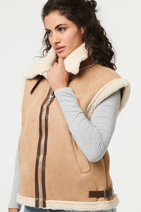 Beige | Faux Suede Fur Lined Sleeveless Gilet

