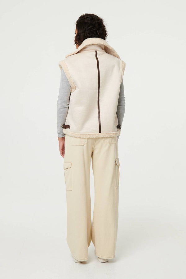 Ivory | Faux Suede Fur Lined Sleeveless Gilet
