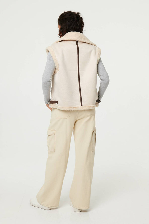 Ivory | Faux Suede Fur Lined Sleeveless Gilet

