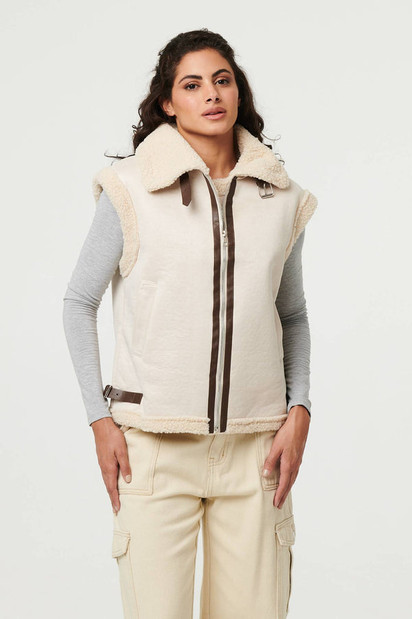 Ivory | Faux Suede Fur Lined Sleeveless Gilet : Model is 5'8"/172 cm and wears UK8/EU36/US4/AUS8
