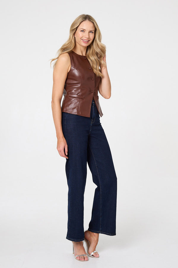 Brown | Faux Leather Sleeveless Waistcoat Top
