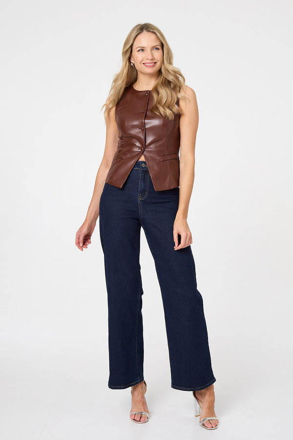 Brown | Faux Leather Sleeveless Waistcoat Top
