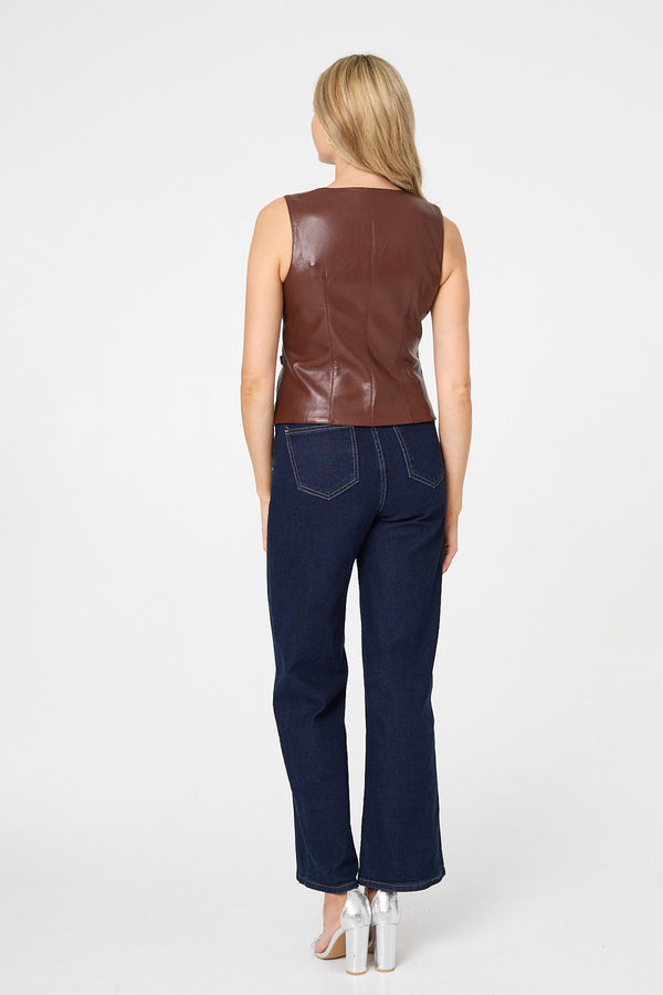 Brown | Faux Leather Sleeveless Waistcoat Top
