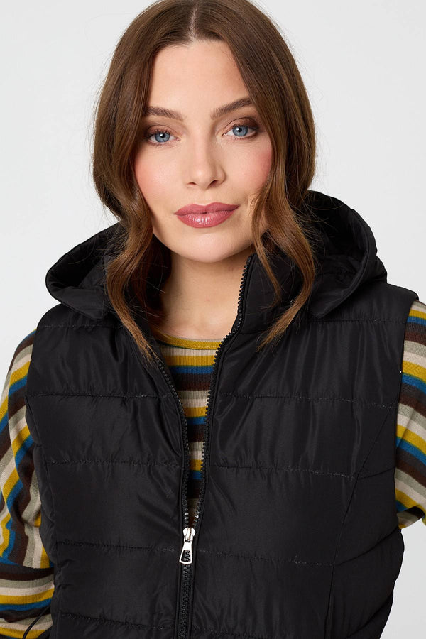 Black | Hooded Padded Sleeveless Puffer Gilet
