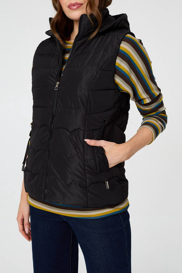 Black | Hooded Padded Sleeveless Puffer Gilet
