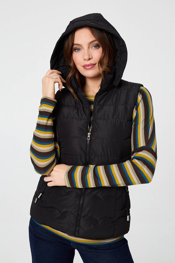 Black | Hooded Padded Sleeveless Puffer Gilet
