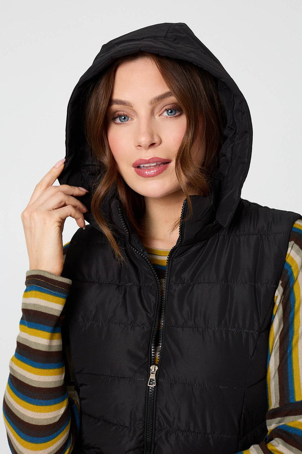 Black | Hooded Padded Sleeveless Puffer Gilet
