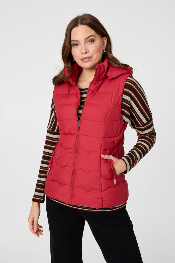 Red | Hooded Padded Sleeveless Puffer Gilet
