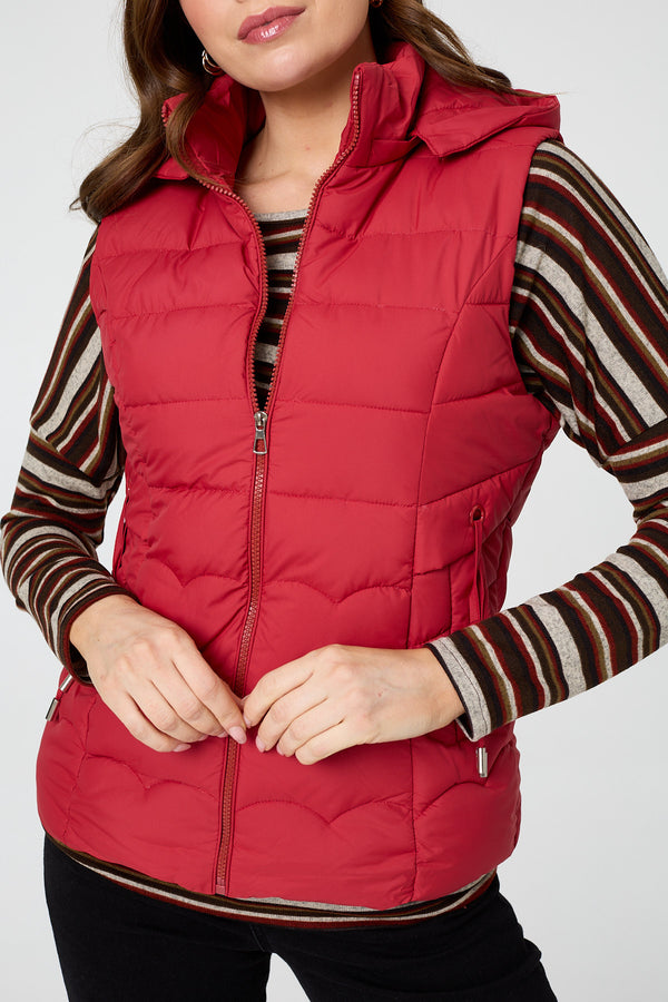 Red | Hooded Padded Sleeveless Puffer Gilet
