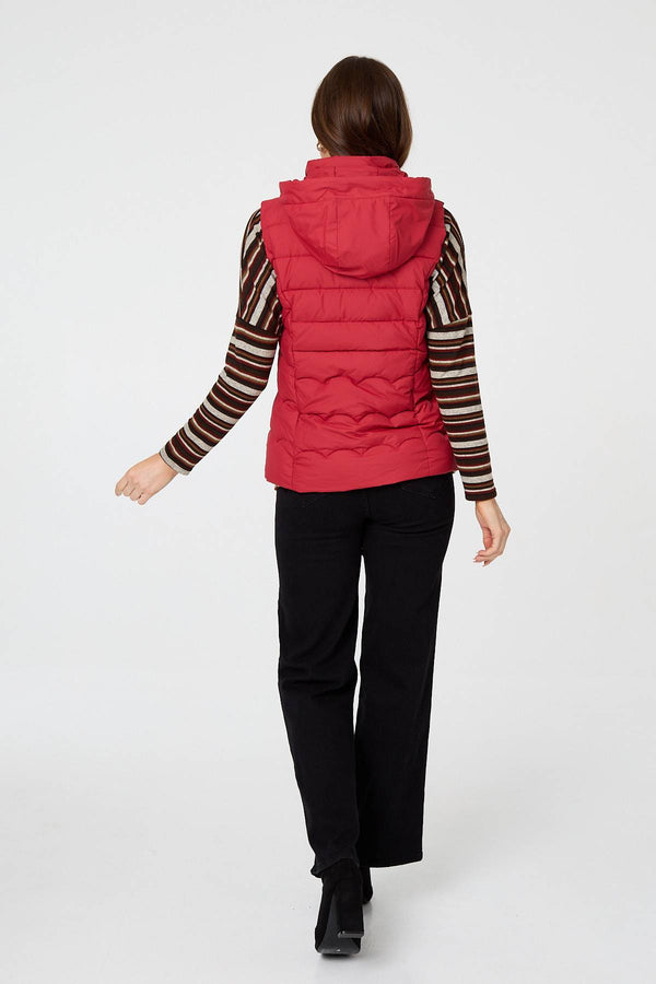 Red | Hooded Padded Sleeveless Puffer Gilet
