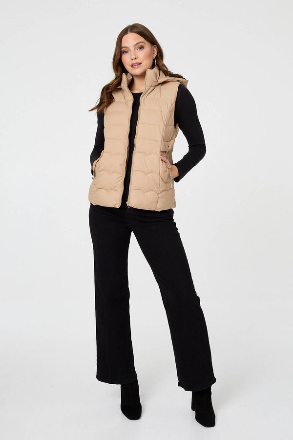 Stone | Hooded Padded Sleeveless Puffer Gilet
