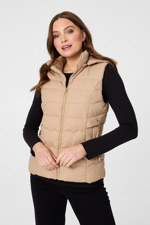 Stone | Hooded Padded Sleeveless Puffer Gilet
