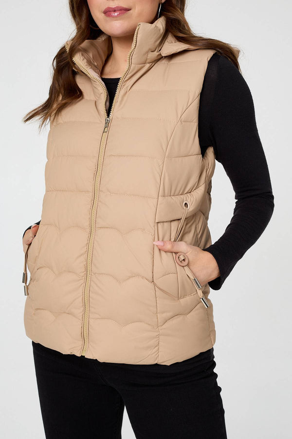 Stone | Hooded Padded Sleeveless Puffer Gilet
