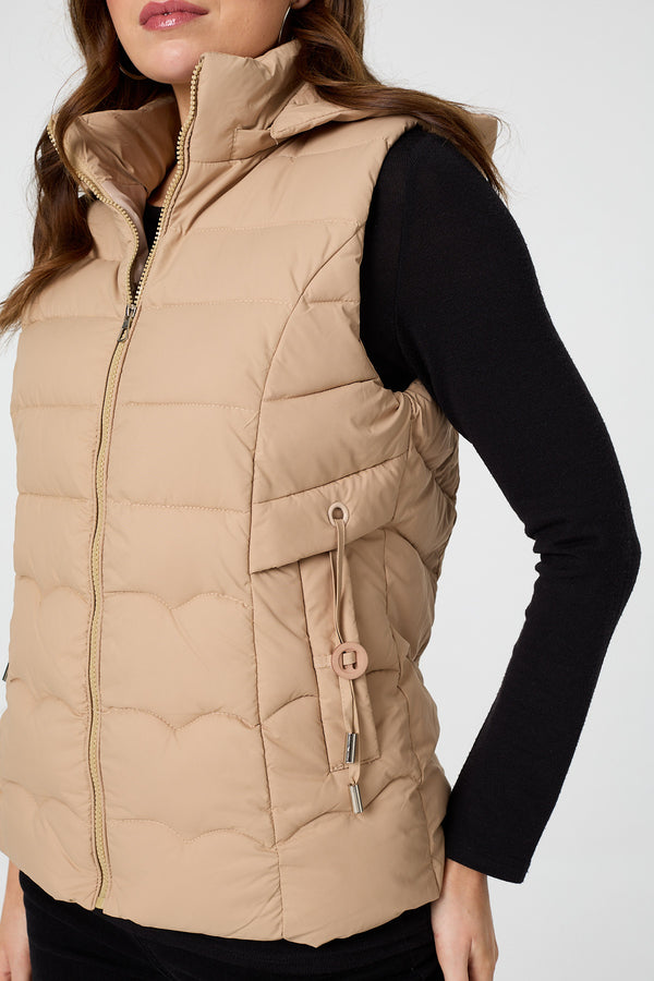 Stone | Hooded Padded Sleeveless Puffer Gilet
