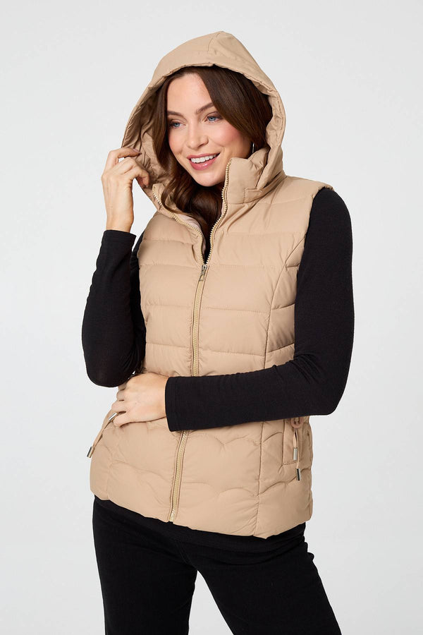 Stone | Hooded Padded Sleeveless Puffer Gilet
