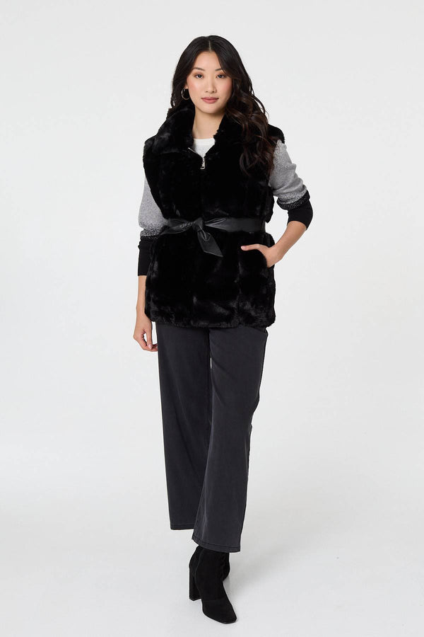 Black | Faux Fur Sleeveless Tie Waist Gilet
