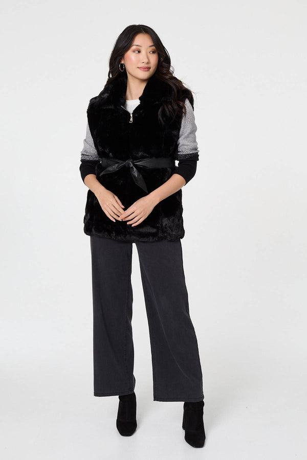 Black | Faux Fur Sleeveless Tie Waist Gilet
